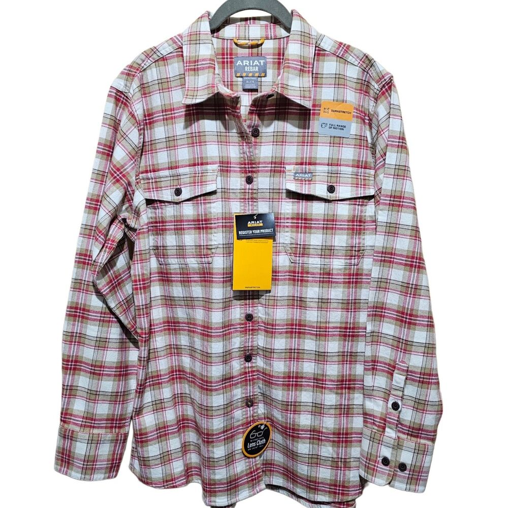 NWT XL Women's Ariat Rebar Flannel DuraStretch Work Shirt Plaid Red Tan Orange
